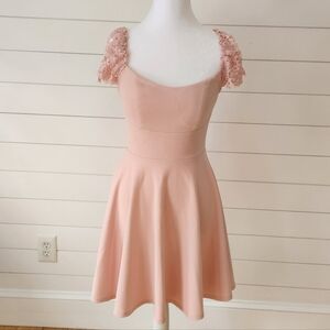 City Studio Blush Pink Mini Dress with Lace Sleeves